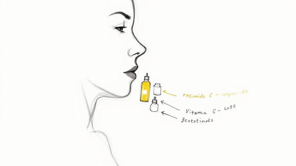 A skincare bottle with a dropper next to various natural ingredients like leaves.