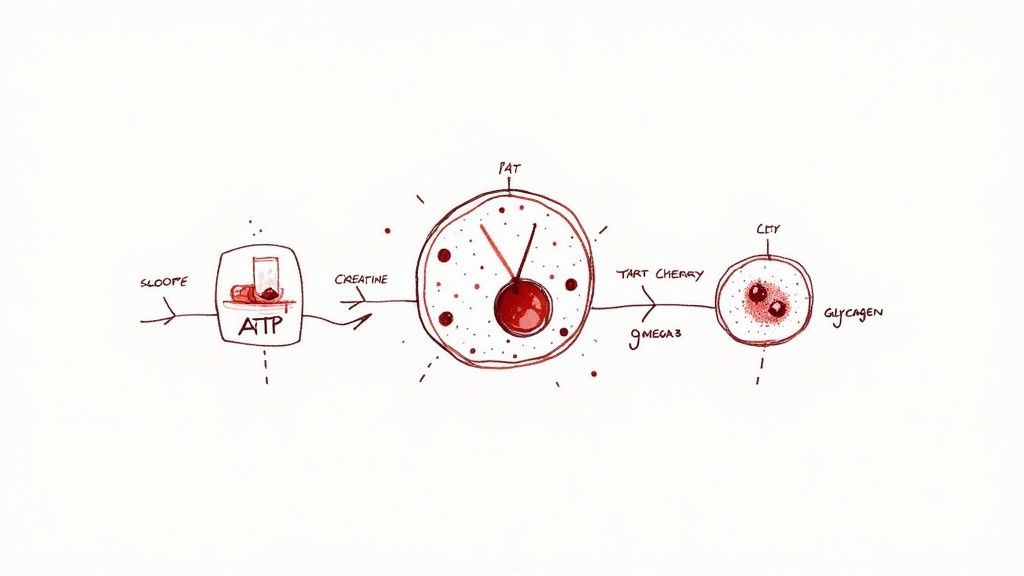 A collection of performance supplements including creatine, tart cherry juice, and fish oil capsules
