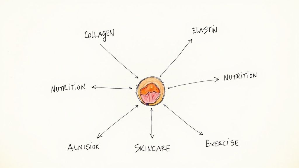 Diagram showing factors like collagen, elastin, nutrition, skincare, and exercise contributing to skin health.