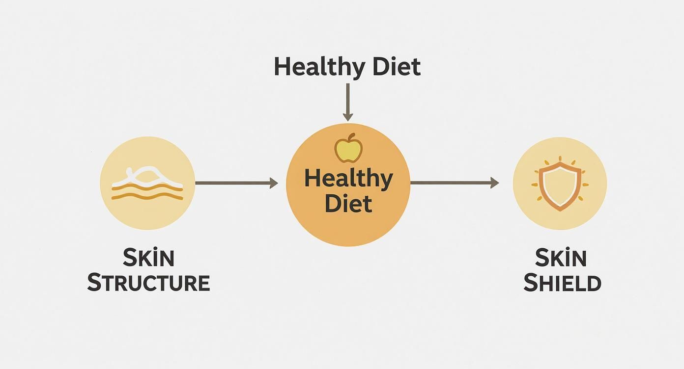 Healthy diet diagram showing connection between nutrition, skin structure, and skin protection benefits