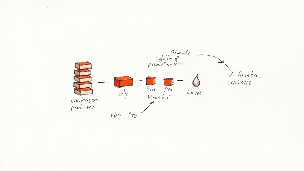 Diagram showing collagen peptides, glycine, and proline producing vitamin C and amino acids for skin health
