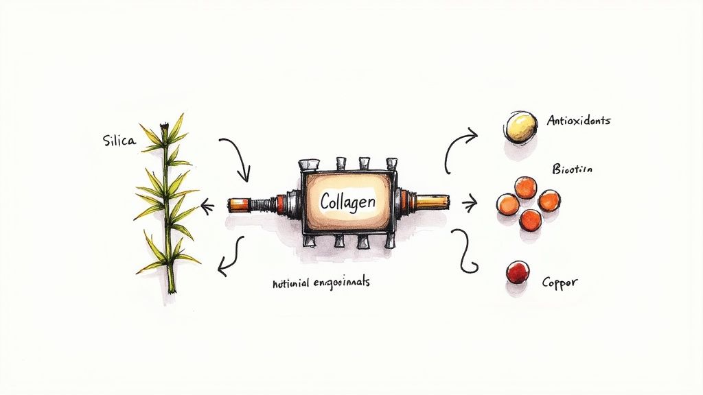 Diagram showing natural ingredients like silica and other nutrients contributing to collagen formation, resulting in antioxidants, biotin, and copper.