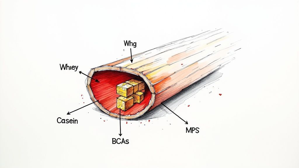 A scoop of protein powder next to a glass of a protein shake