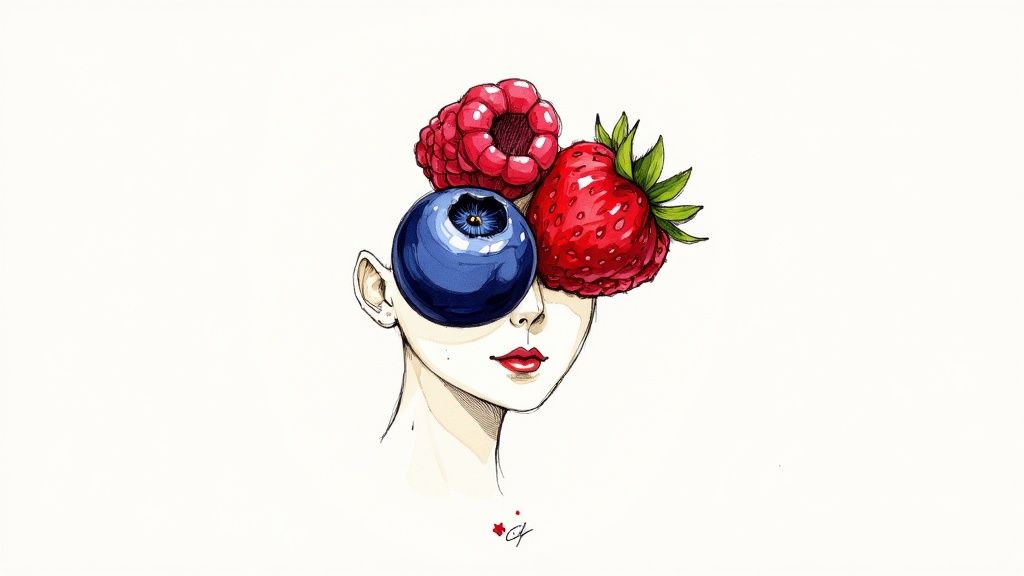 An artistic illustration of a person's face with colorful berries covering their eyes and forehead.