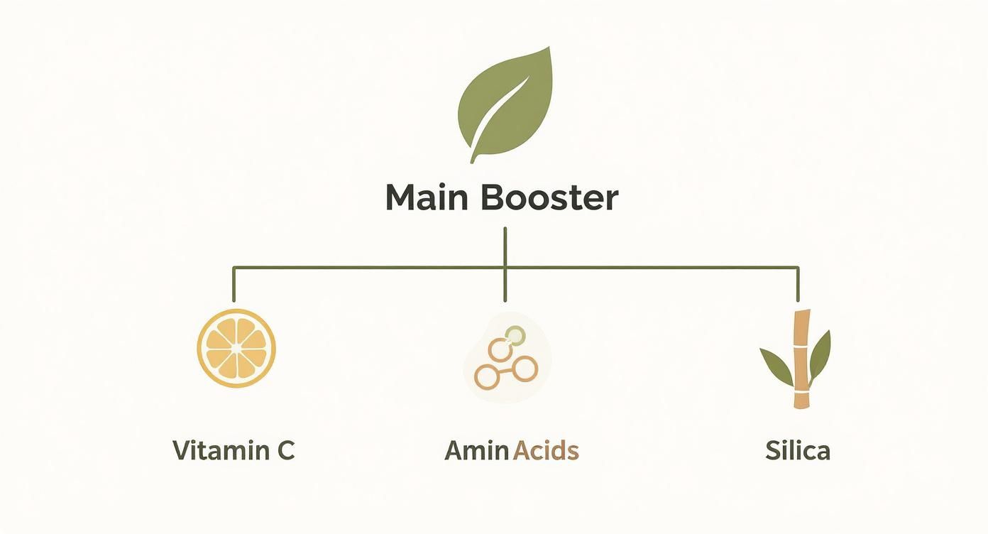 Infographic showing main booster ingredients including vitamin C, amino acids, and silica for skin health