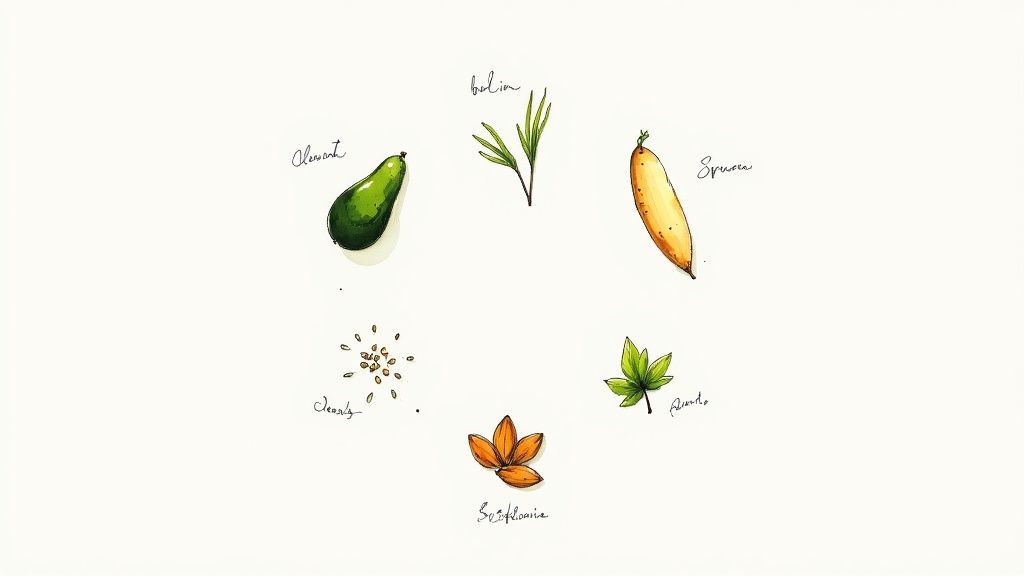 Watercolor illustration of natural biotin-rich ingredients including avocado, seeds, and leaves with handwritten labels