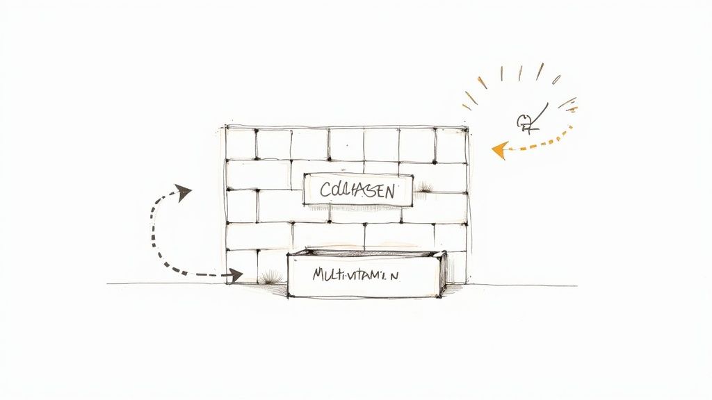 A woman smiling, holding a glass of water with a supplement, symbolizing the benefits of multivitamins with collagen for skin and joint health.