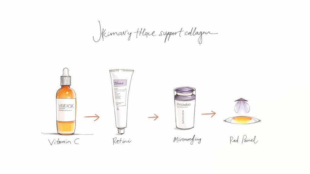 A person applying serum to their face, symbolizing a skincare routine that supports collagen.