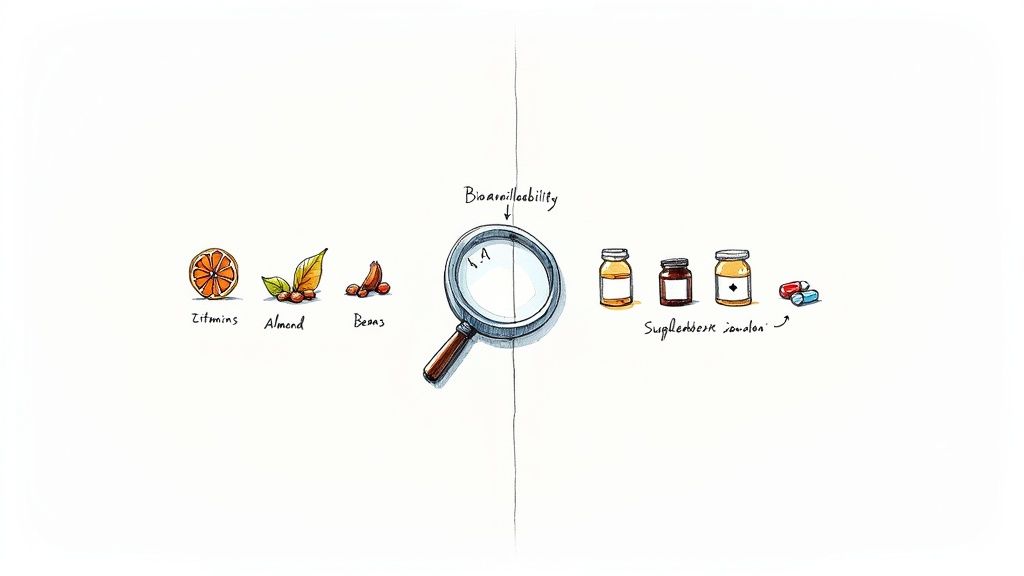 A vibrant spread of fruits, vegetables, and nuts on a wooden table, representing food-first nutrition