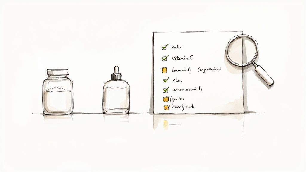 Skincare product ingredients checklist with magnifying glass examining amino acids and vitamin C supplements