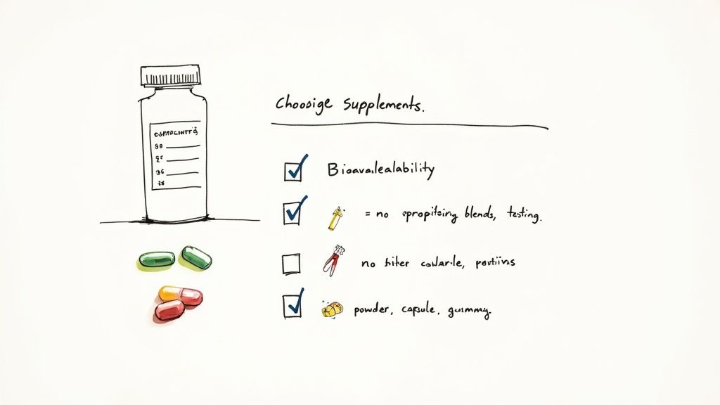 A person holding a supplement bottle and reading the label carefully.