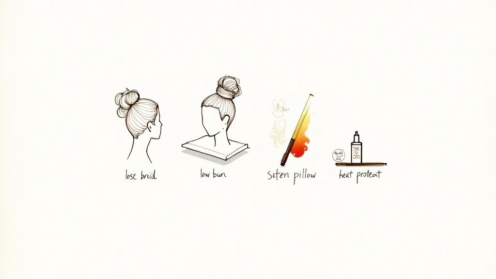 A stylist examining a woman's hair in a salon setting.