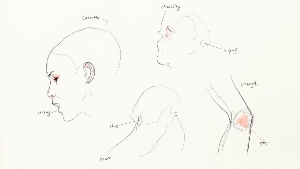 Anatomical sketch showing facial profile elasticity, muscle strength, and shoulder definition with annotations