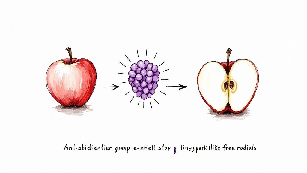 A protective, glowing shield illustration over a person's skin, symbolizing antioxidant defense