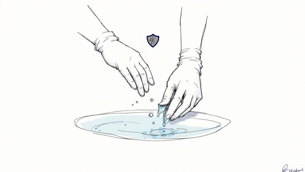 A pair of hands wearing yellow rubber gloves while washing dishes, protecting the nails.