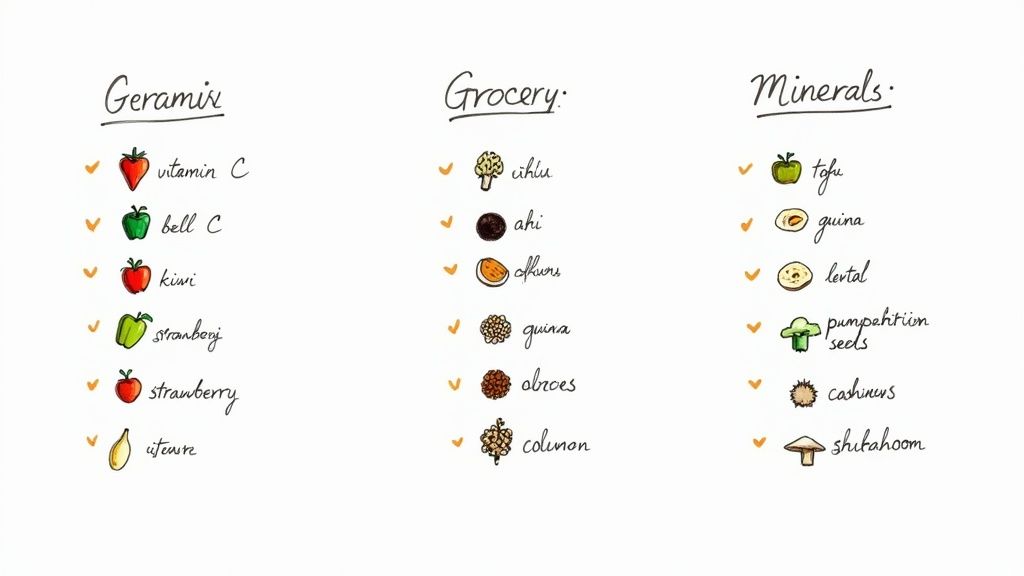 A handwritten list with illustrations of various healthy food ingredients categorized into Geramix, Grocery, and Minerals.