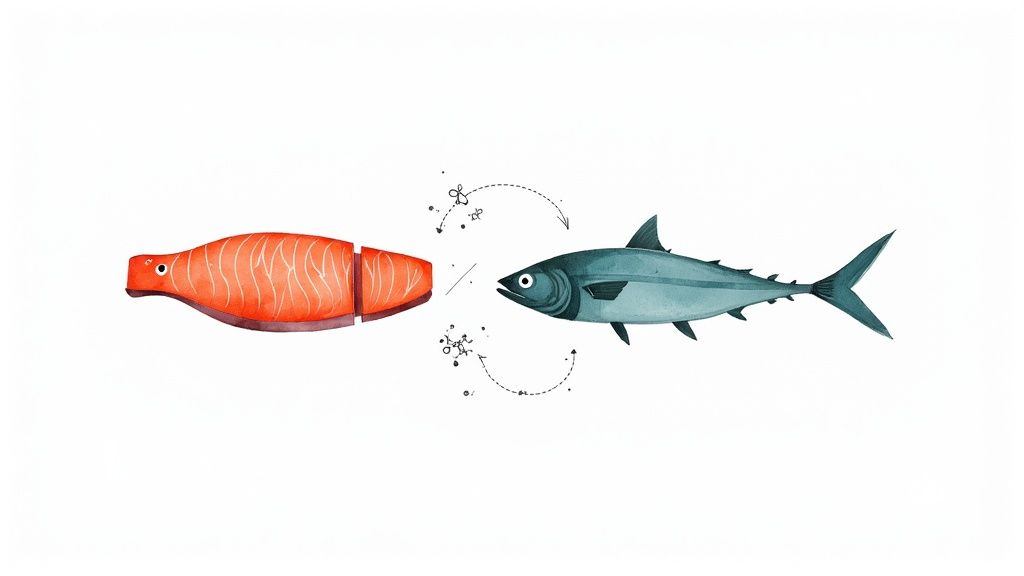 Conceptual illustration of food processing or molecular transformation from a fish fillet to a whole fish.