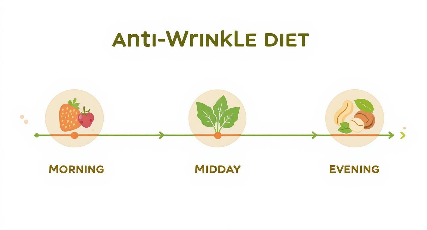 Infographic timeline of an 'Anti-Wrinkle Diet' showing morning berries, midday leafy greens, and evening nuts.