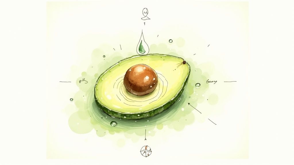 Watercolor illustration of a halved avocado with its pit, surrounded by subtle annotations and droplets.