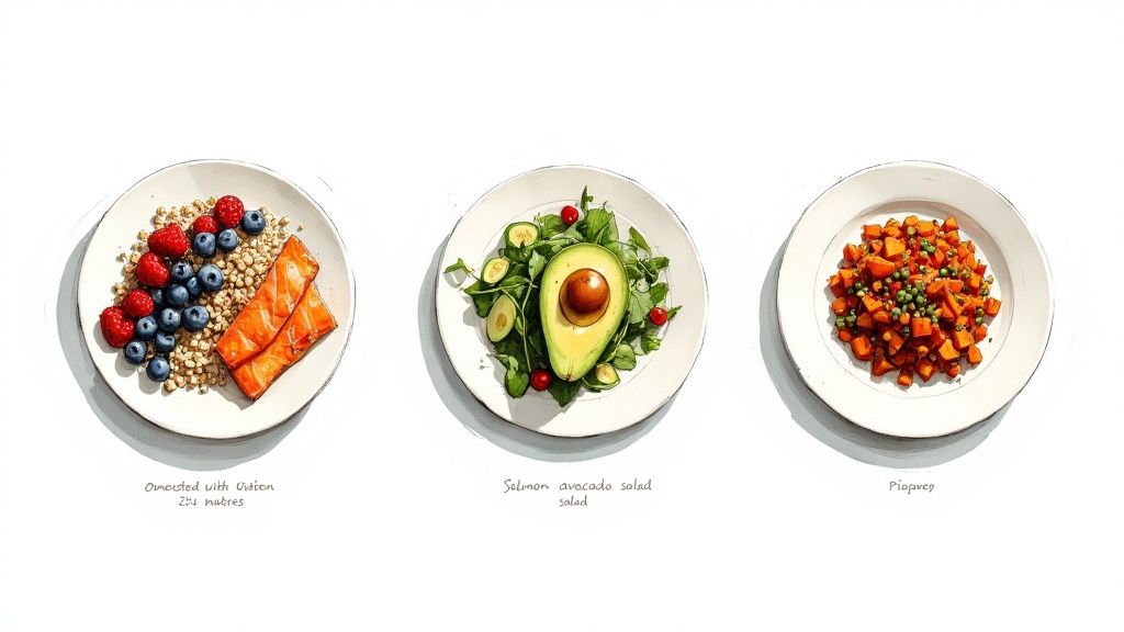 Three healthy meal plates featuring salmon with berries, avocado salad, and colorful mixed vegetable dish