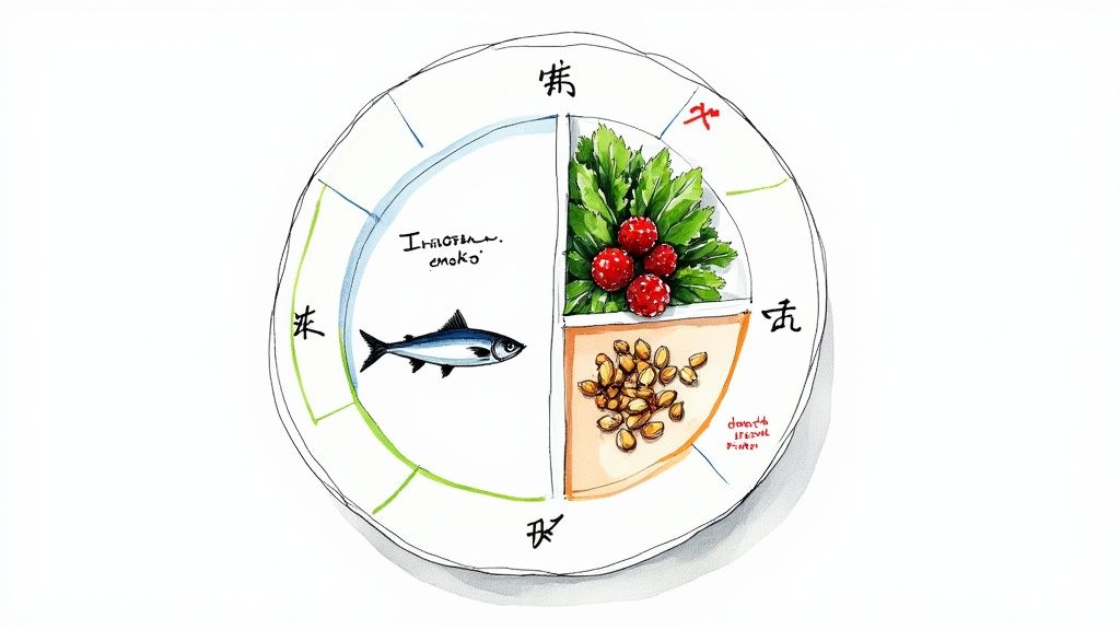 Colorful plate of anti-inflammatory foods like salmon, berries, and leafy greens.