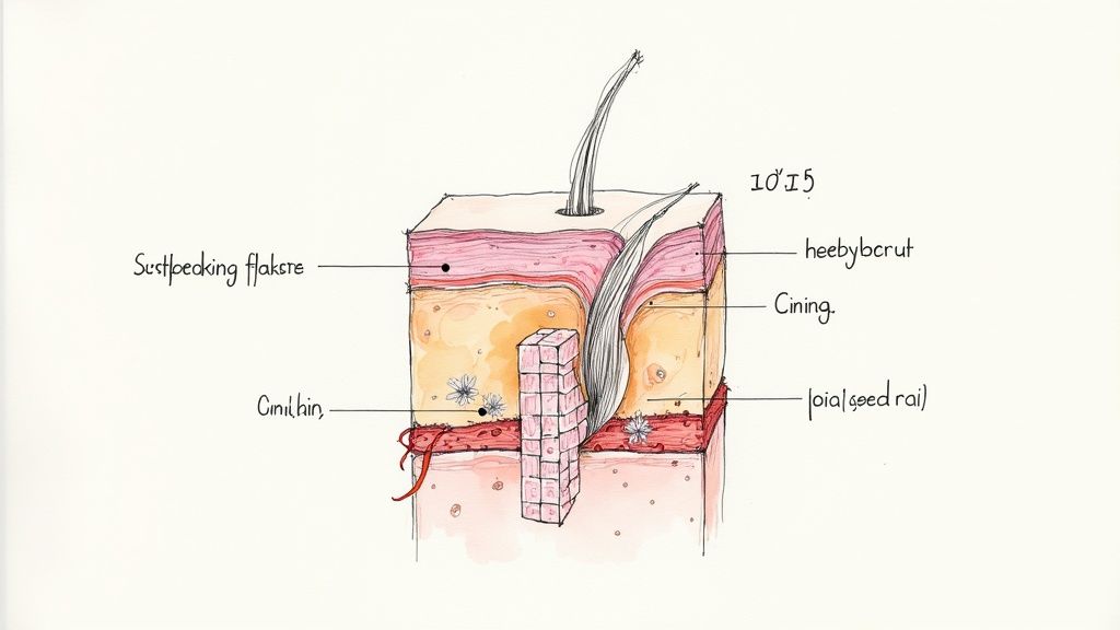 A detailed watercolor illustration showing a cross-section of skin, hair follicle, and underlying tissue with labels.