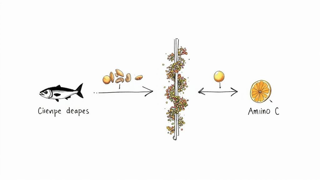 Scientific diagram showing chromatography column separating compounds from chenpe deapes fish and amino C citrus