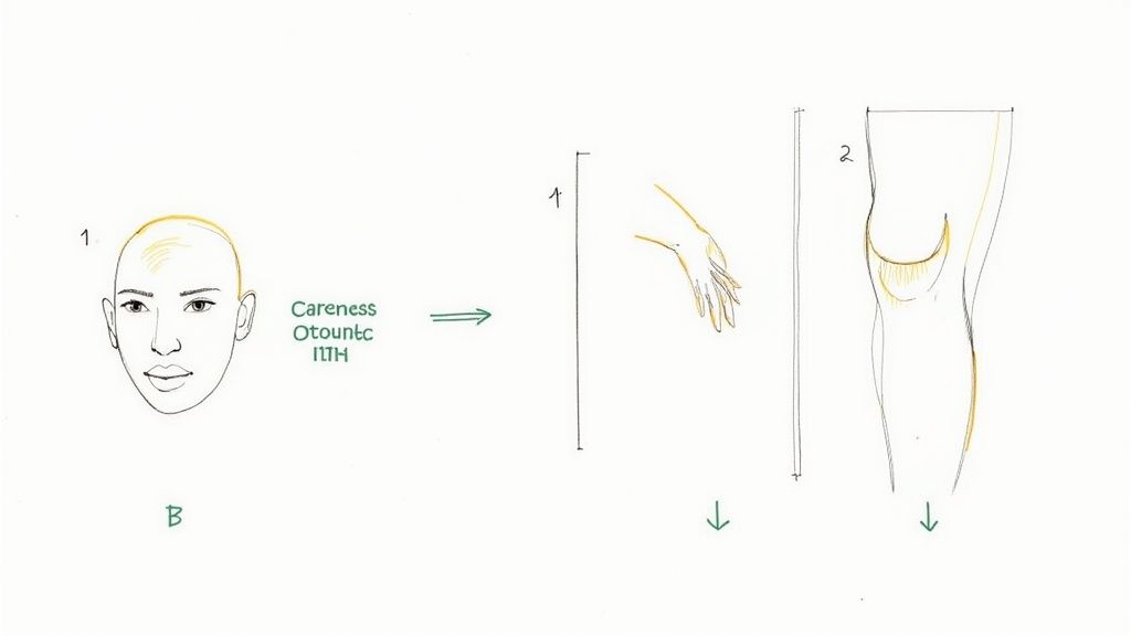 Sketches of a human head, hand, and knee, illustrating anatomical proportions or drawing techniques.