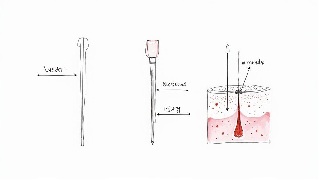 Hand-drawn diagrams depict skin microneedling, ultrasound, and the resulting dermal injury.