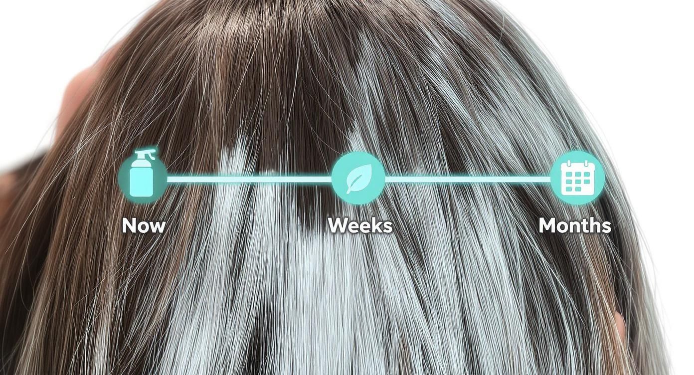 Infographic timeline showing that styling provides instant results for thicker hair, while nutrition and supplements show results over weeks and months.