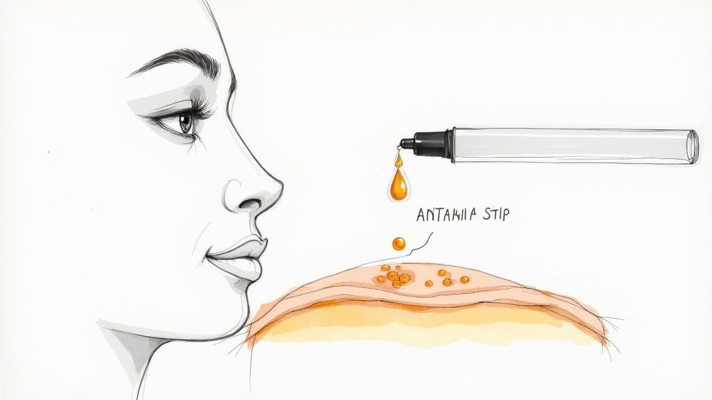 A woman applying serum to her face