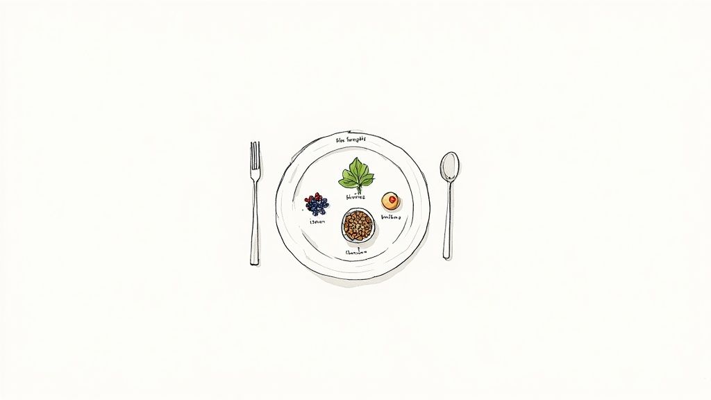 A minimalist drawing of a plate with different food items, a fork and a spoon.