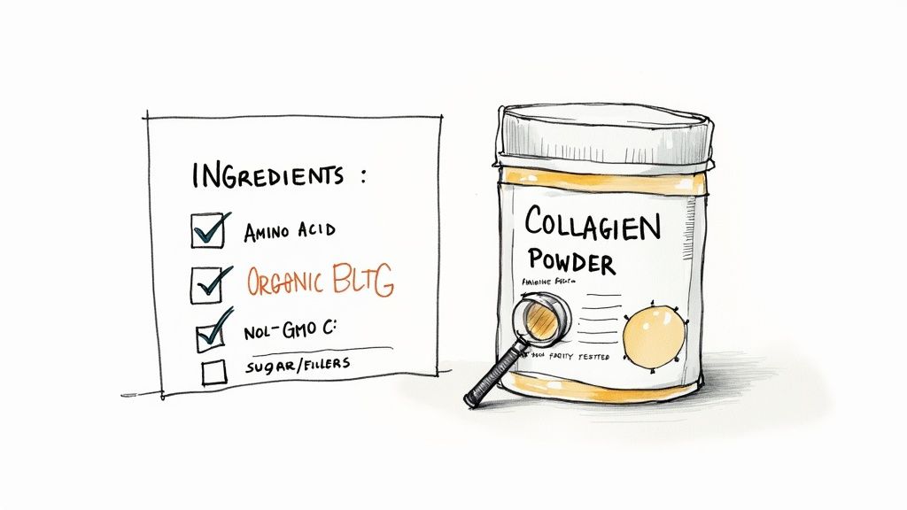Collagen powder container with ingredients checklist showing amino acids, organic, non-GMO certifications highlighted