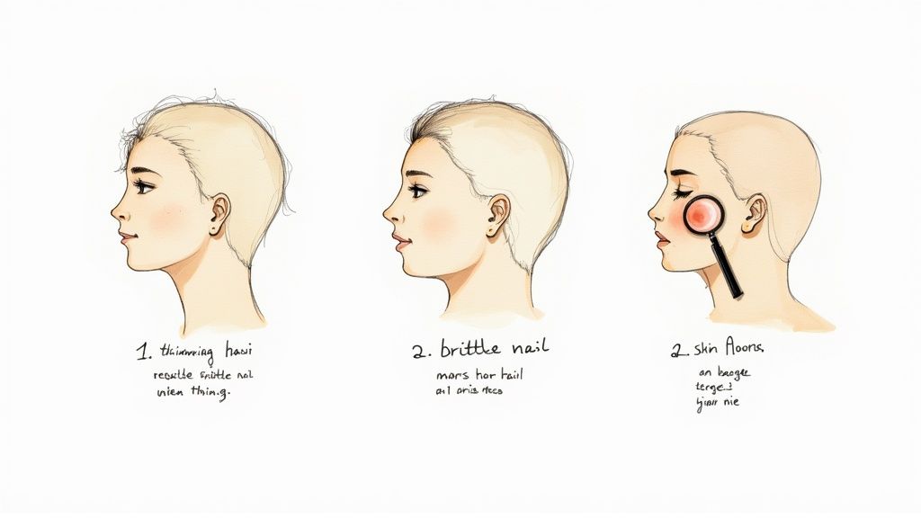 A person examining their healthy hair in a mirror, representing the target audience for biotin.