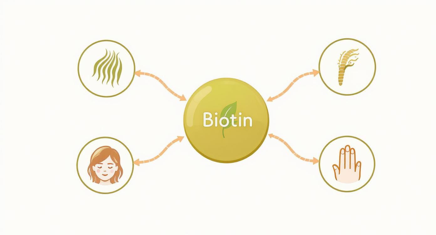 Biotin benefits diagram showing connections to hair growth, skin health, nails, and larva development