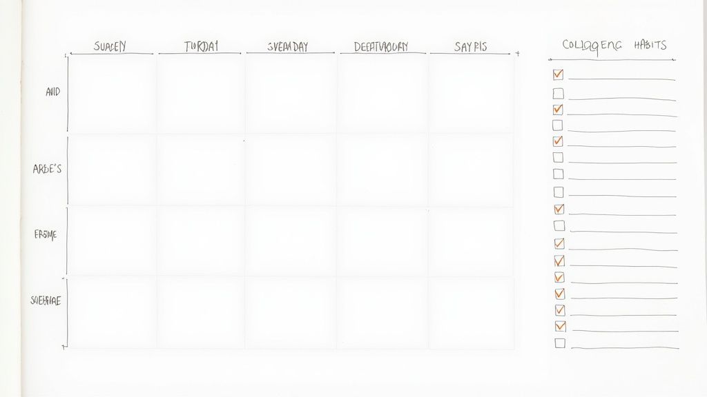 A person planning their weekly meals with healthy ingredients on the counter