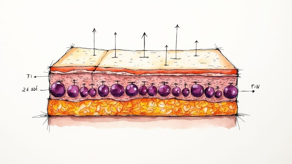 Collagen and elastin fibers shown as an interconnected network, illustrating skin's structural support