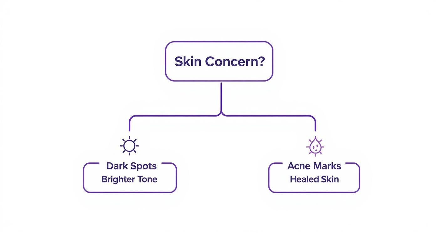 Infographic showing a decision tree for skin concerns, with paths for dark spots leading to a brighter tone and acne marks leading to healed skin.