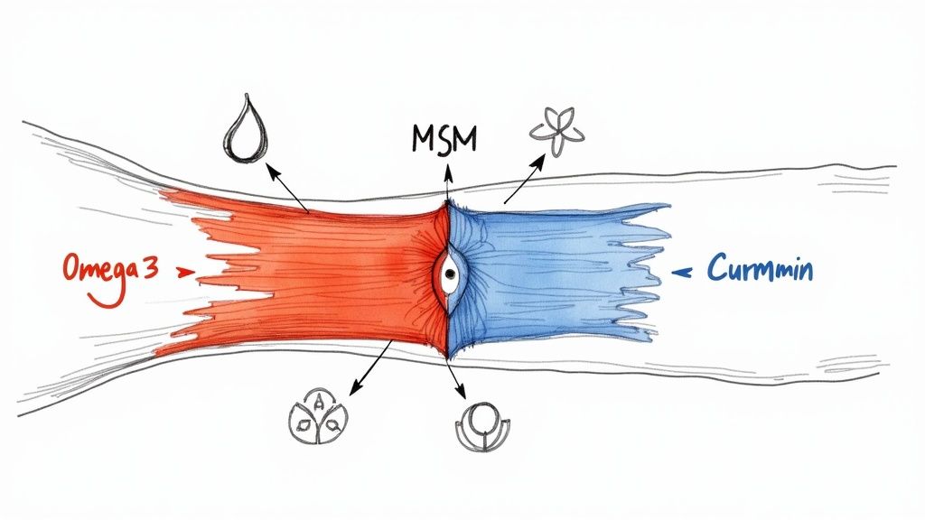 Diagram illustrating various supplements like Omega 3, MSM, and Curcumin supporting a joint or tendon structure.