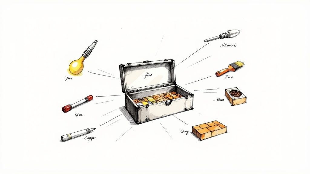 A collection of supplements and healthy foods that support collagen production.