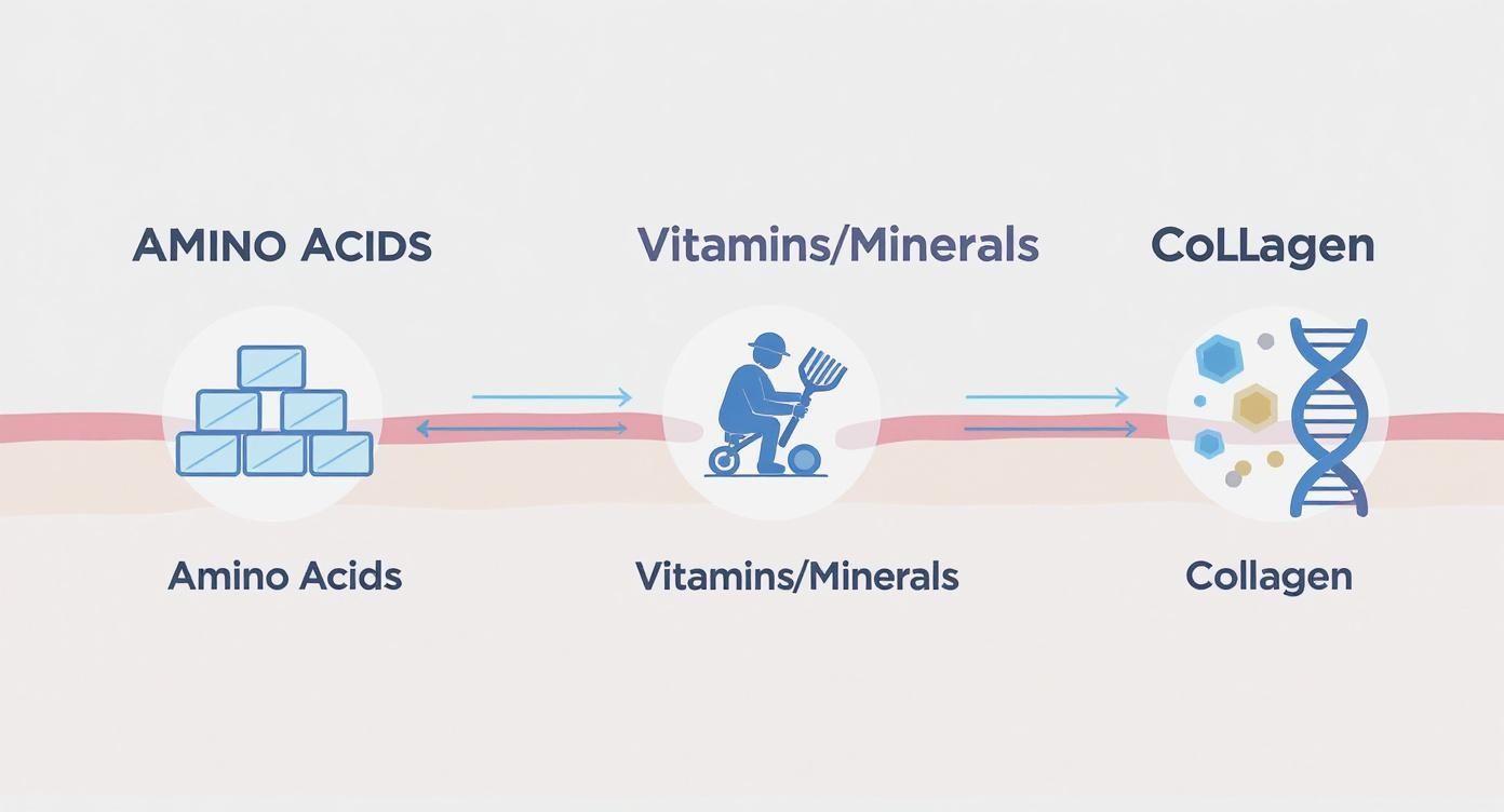 Diagram showing amino acids converting to collagen with vitamins/minerals as key facilitators in skin.