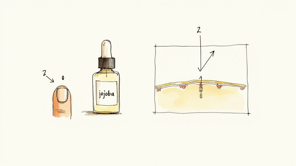 A person applying natural oil to their nails and cuticles.