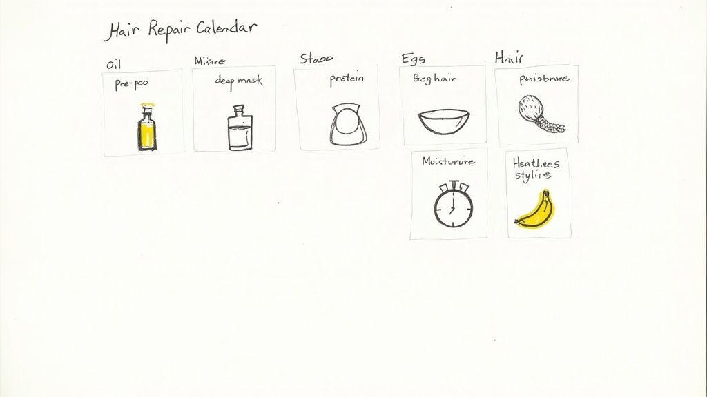 A hand-drawn hair repair calendar illustrating various natural hair care remedies and steps.