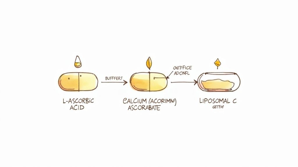 A woman holding a glass of orange juice and a supplement bottle.