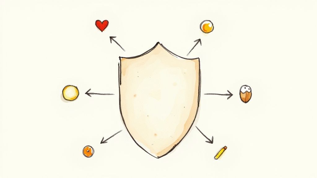 Shield diagram with arrows pointing to various supplement icons representing skin health and aging benefits
