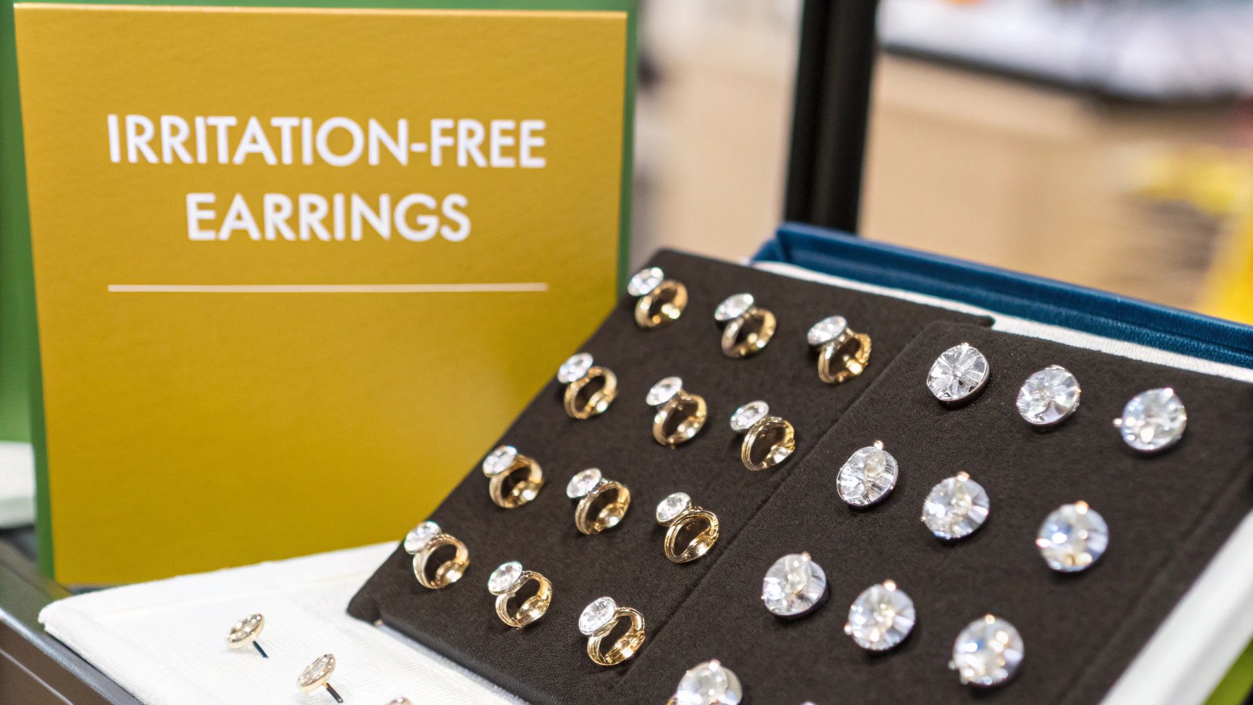 Woman wearing hypoallergenic stud earrings, smiling comfortably.