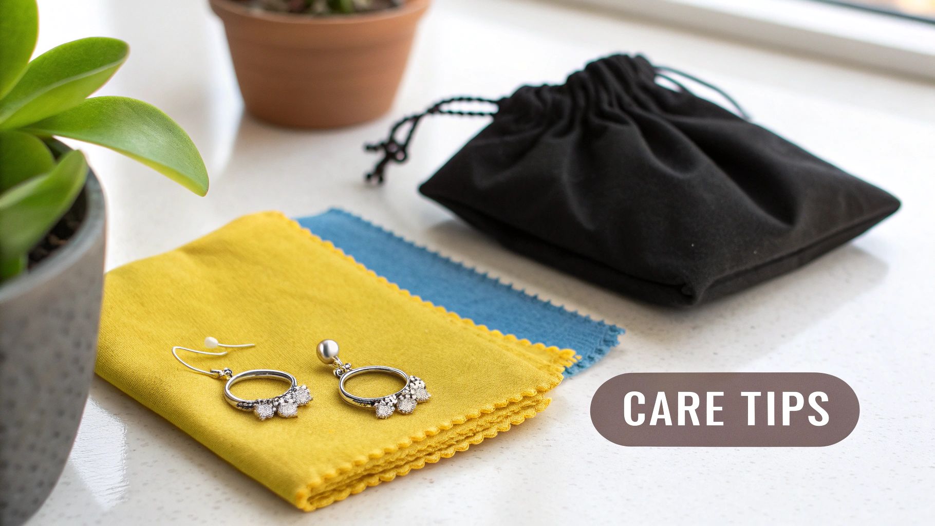 A soft cloth gently polishing a pair of sterling silver earrings
