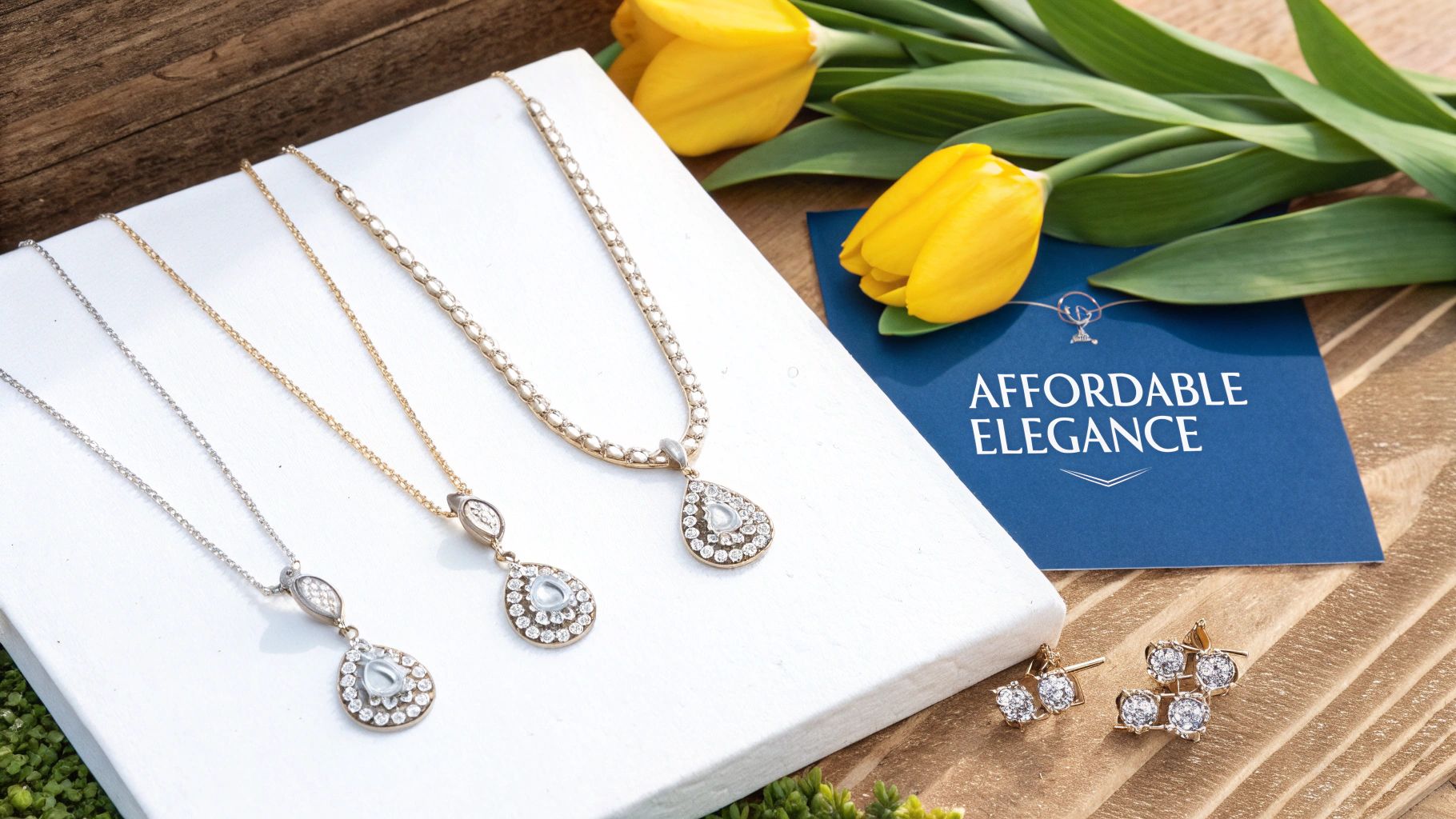 A bride helping her bridesmaid put on a delicate silver necklace, showcasing a bridesmaid jewelry set.