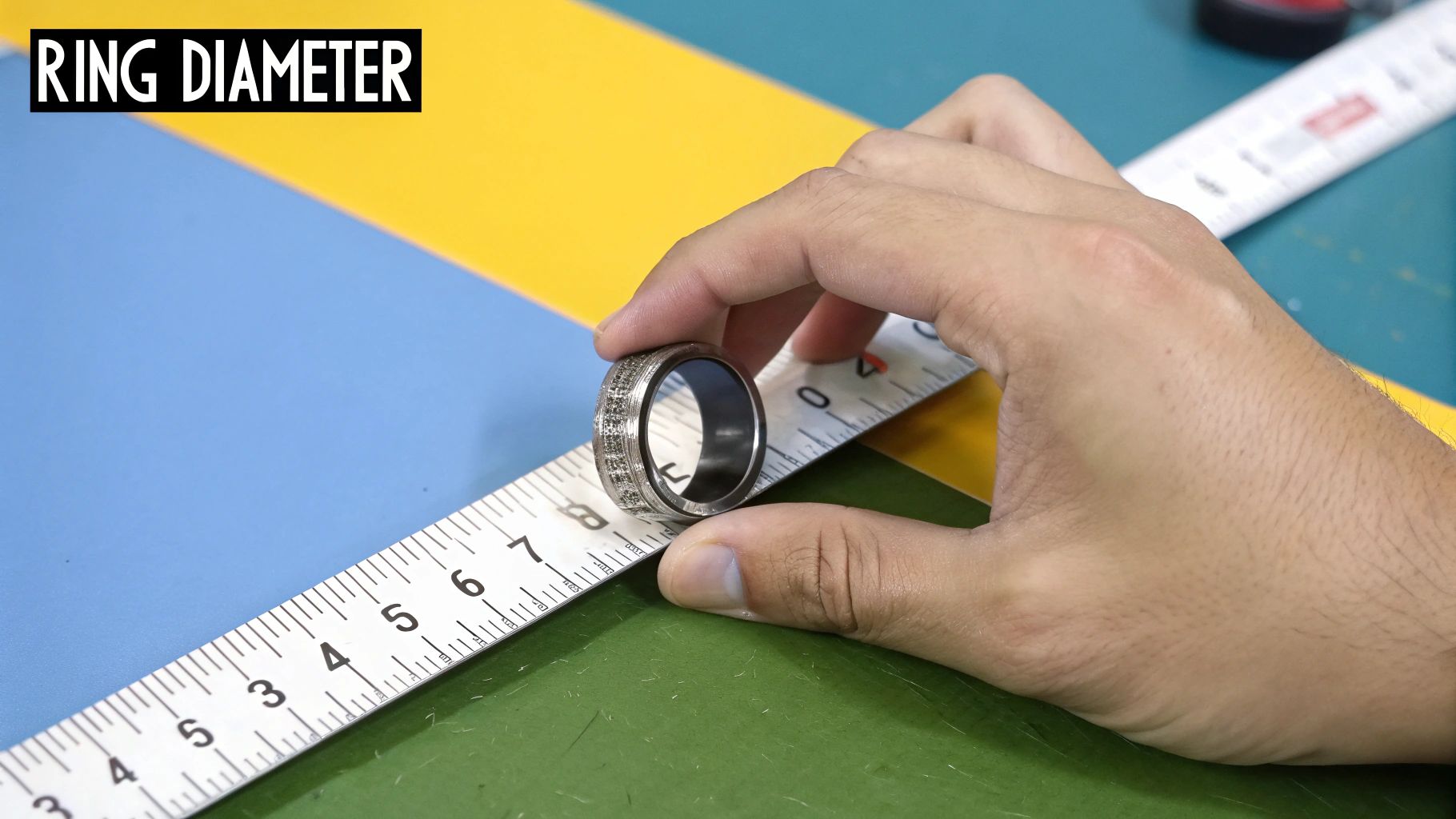 A ring being measured with a ruler to find its internal diameter