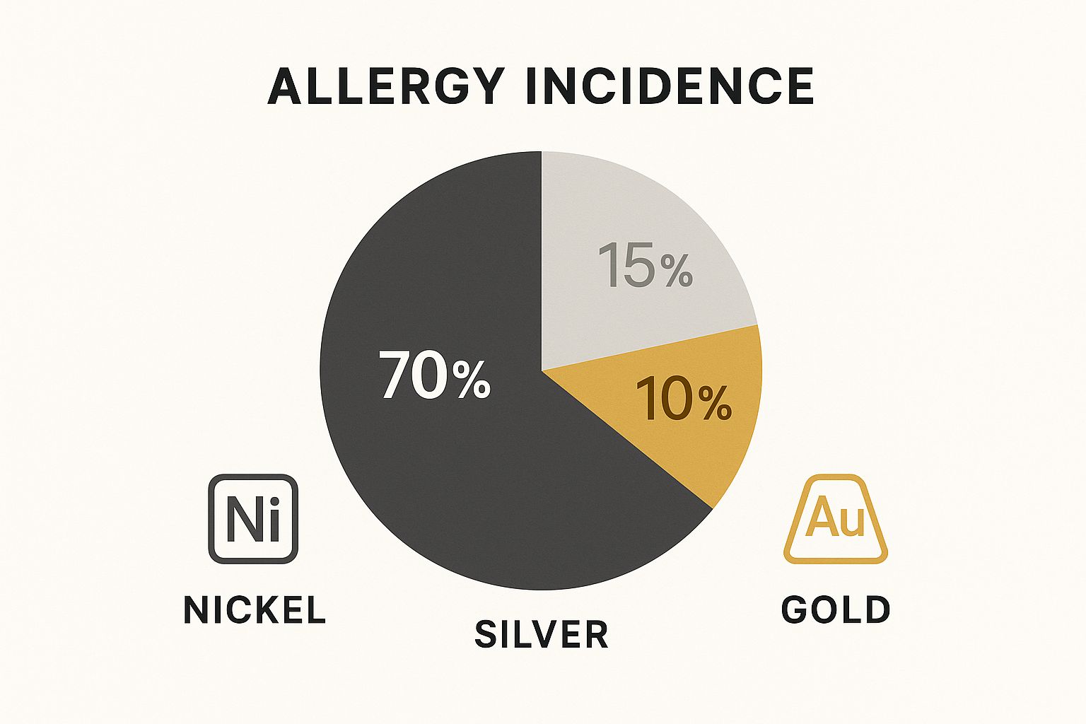 Infographic comparing allergy incidence rates for Nickel, Silver, and Gold in jewelry.
